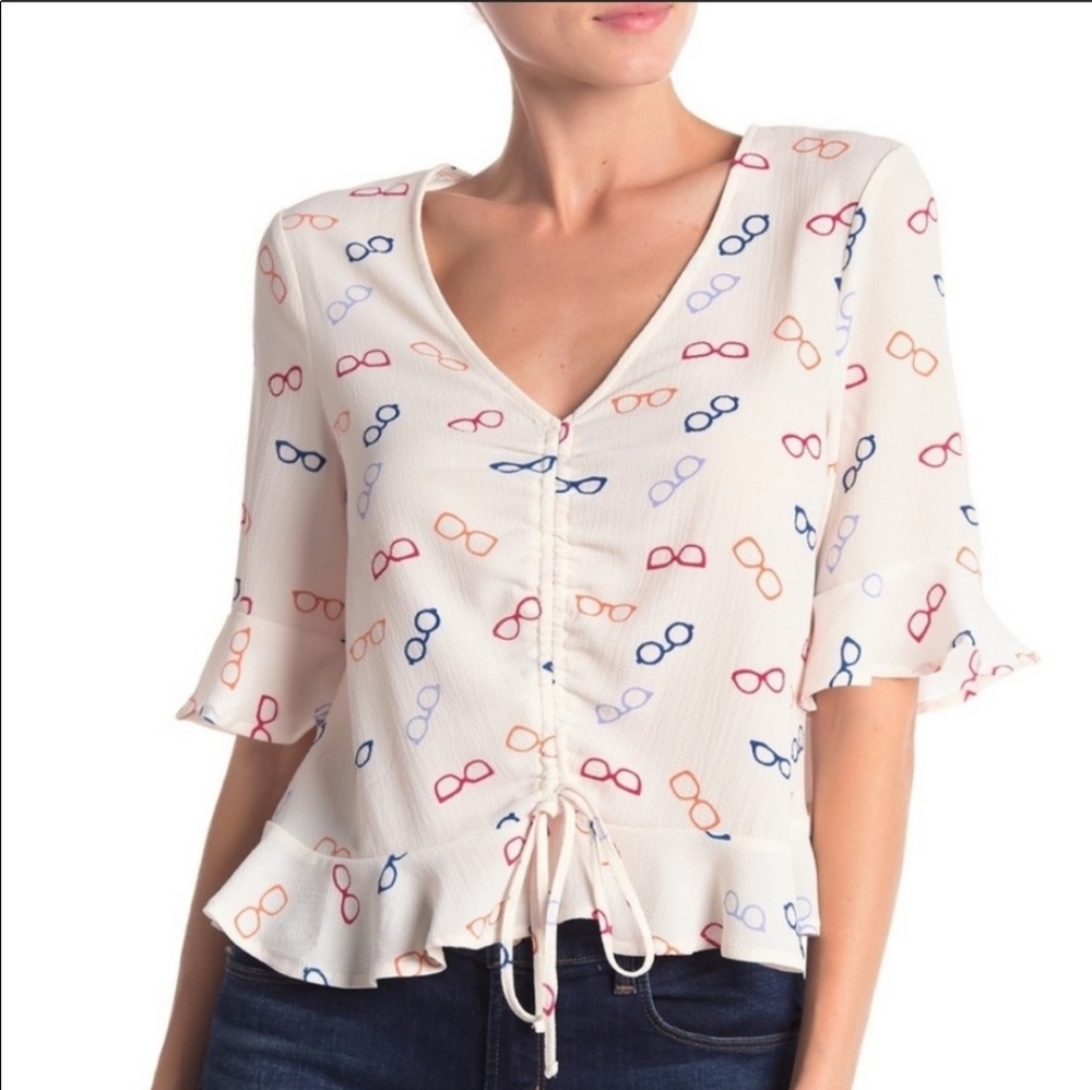 ELODIE V neck drawstring bell sleeve eyeglasses graphic top Lg.
